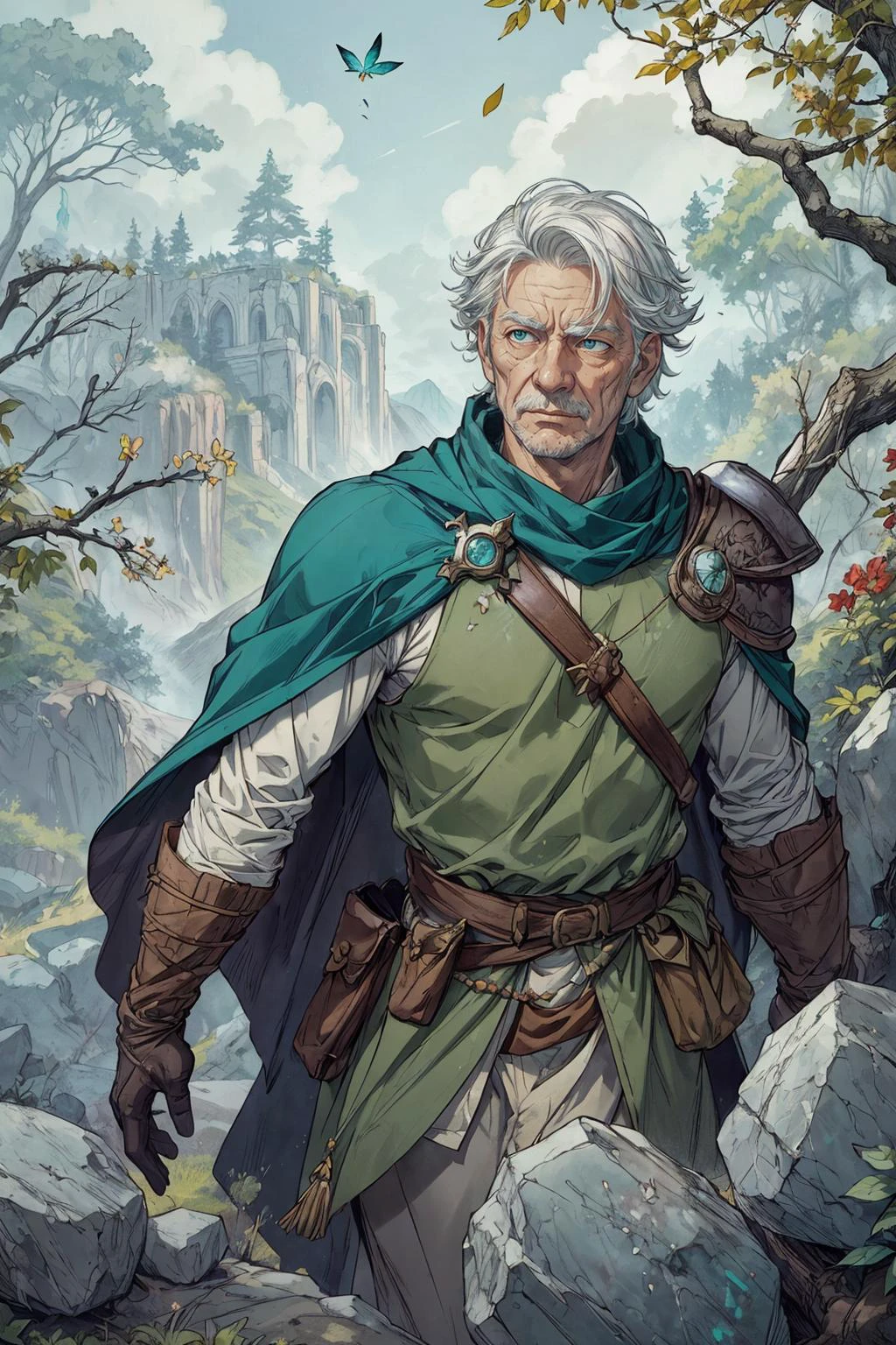 <lora:add_detail:0.5>, <lora:FZB_line_weights:0.4>, <lora:realistic:0.1>, <lora:sharpen-soften:-0.1>,
(1man, wrinkled face, old male:1.2), wise, turquoise eyes, white hair, layer cut,
Style-GravityMagic, looking up, solo, half shot, detailed background, detailed face, (<lora:StonepunkAI:0.6>, stonepunkAI, stone theme:1.1) robin hood, dynamic pose, medieval fantasy setting, high fantasy, green furred leather clothes, cape, gloves, pouch, straps, serene forest, bushes, stones, lake, roots, moss, falling leaves, flowers, (butterflies:0.9), feathers, arrows in quiver,