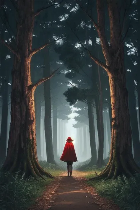 1girl, walking alone through a dark forest, gloomy lighting, red cape, red hat, basket in hand, forest, walking away, back turned