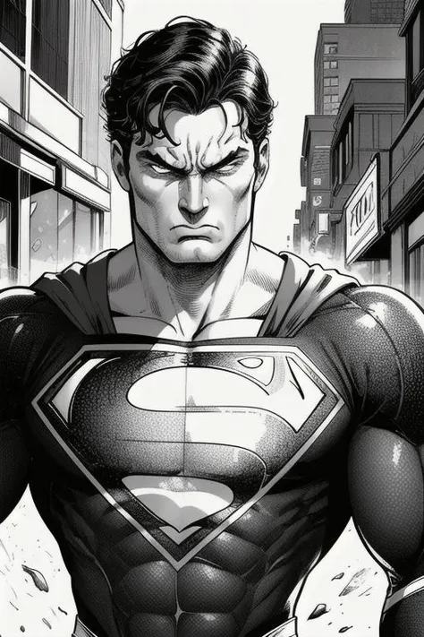 monochrome comics ,<lora:theOldShadowRunStyles_1990sV10_LoRA:0.6>,Portrait,angry Superman calorific vision looking forward,theOldShadowRunStyles,masterpiece,best quality,high quality,