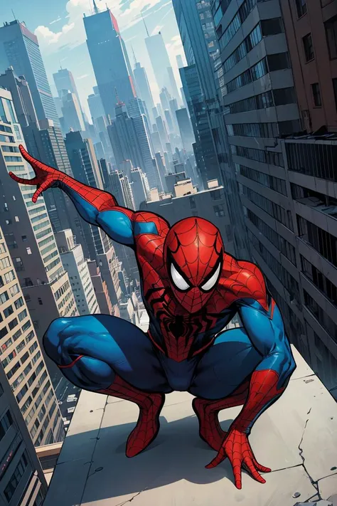 comic book style, flat colors, Spiderman, man, (crouching down, spider-man pose, back to camera), facing away, male toned body, perched on top of a high metal construction site, spiderman mask, overlooking manhattan, buildings, somber moment, skyscrapers, looking down, detailed background, day time, (wide shot), foreshortened perspective, 3-point perspective, dutch angle