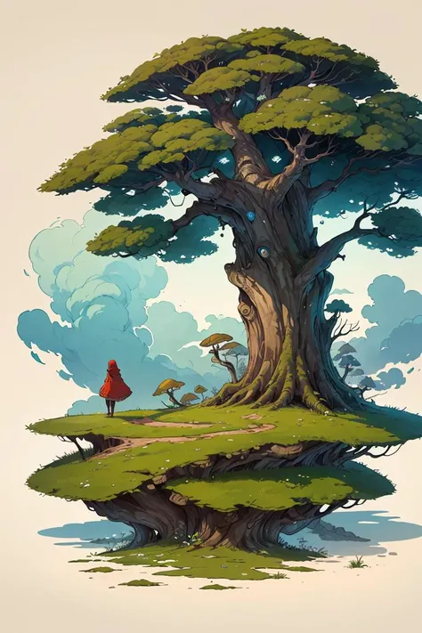 ((masterpiece:1.2, concept art, highest detail, best quality)),welcoming,Red Riding Hood in front of magnificent gnarled ancient meandering tree with intertweened meandering roots,filigree branches,mighty oak,gnurly burl,wood grain,wrinkled pine bark,rust,shadow play,mystic forest background, light breeze, immaculate green foliage,dendrarium,not so arid,magic mushroom harvest,plush grass,moss,bliss,blue skies with billowing cumulus clouds,(intricate details),perfect tetradic colors,amazing epic illustration,realistic,cuteism overload, digital ink sketch painting by Wonkeyman,