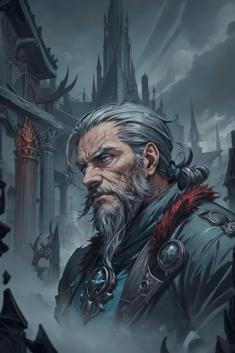 an old bearded man in a white and gold outfit sitting on a stone throne with a gold crown on his head and a blue and gold robe on his chest, Donato Giancola, magic the gathering artwork, an ultrafine detailed painting, fantasy art, trending on artstation, (Peter mohrbacher:1.5), hyper detailed, insane details, intricate, elite, elegant, luxury, Greg Rutkowski, sticker, beautiful character design, double exposure shot, luminous design