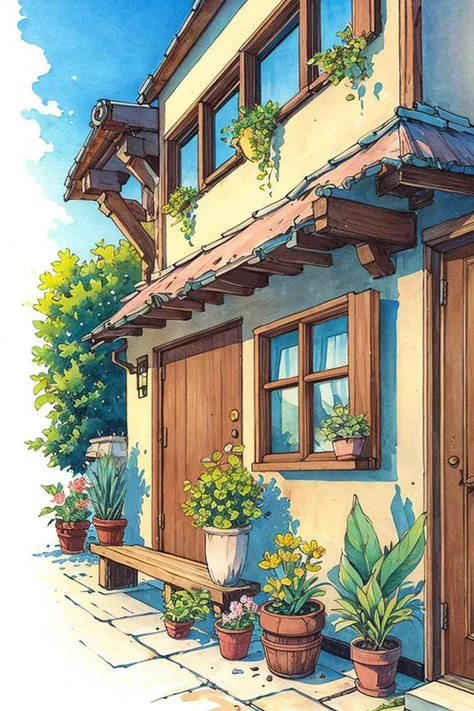 no humans, plant, window, potted plant, house, door, scenery, outdoors, traditional media, flower pot, building, pillow, (illustration:1.0), masterpiece, best quality, <lora:Pastel color_20230816152956:0.9>