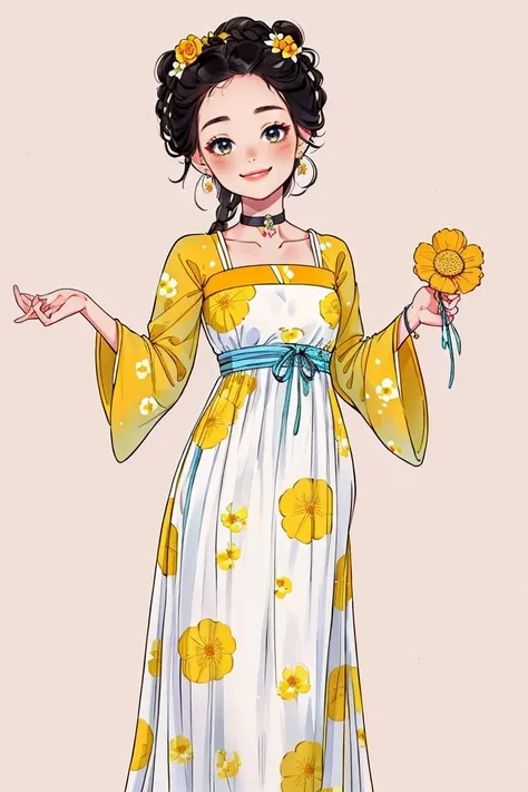 1girl, solo, blush, smile, simple background, black hair, hair ornament, long sleeves, white background, dress, ribbon, holding, standing, braid,earrings, choker, floral print, facing viewer, hair rings, yellow flower, holding flower,<lora:gufeng_illustration_v2:0.7>