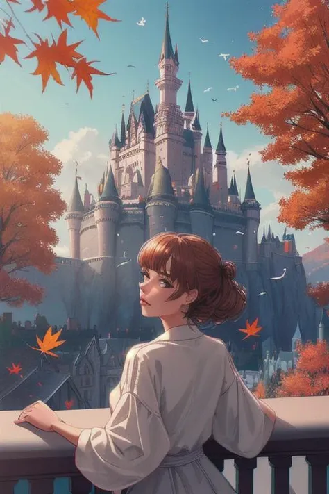 1girl, on balcony, looking at viewer, a castle in the distance, bird eyes view, autumn, architecture, birds, people, scenery, towers, trees, sunny, day, far away view, Direct light, Selective focus, ((illustration)), perfect details, light particles, chromatic aberration, masterpiece, best quality, absurdres, highest quality, amazing details, hyper detail, dramatic light, intricate details