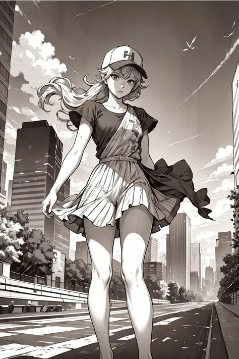 Monochromatic printmaking,<lora:banhua:0.8>,banhua,masterpiece, best quality, 1girl, skyscraper, floating hair, windy, street, feet out of frame, backwards hat,