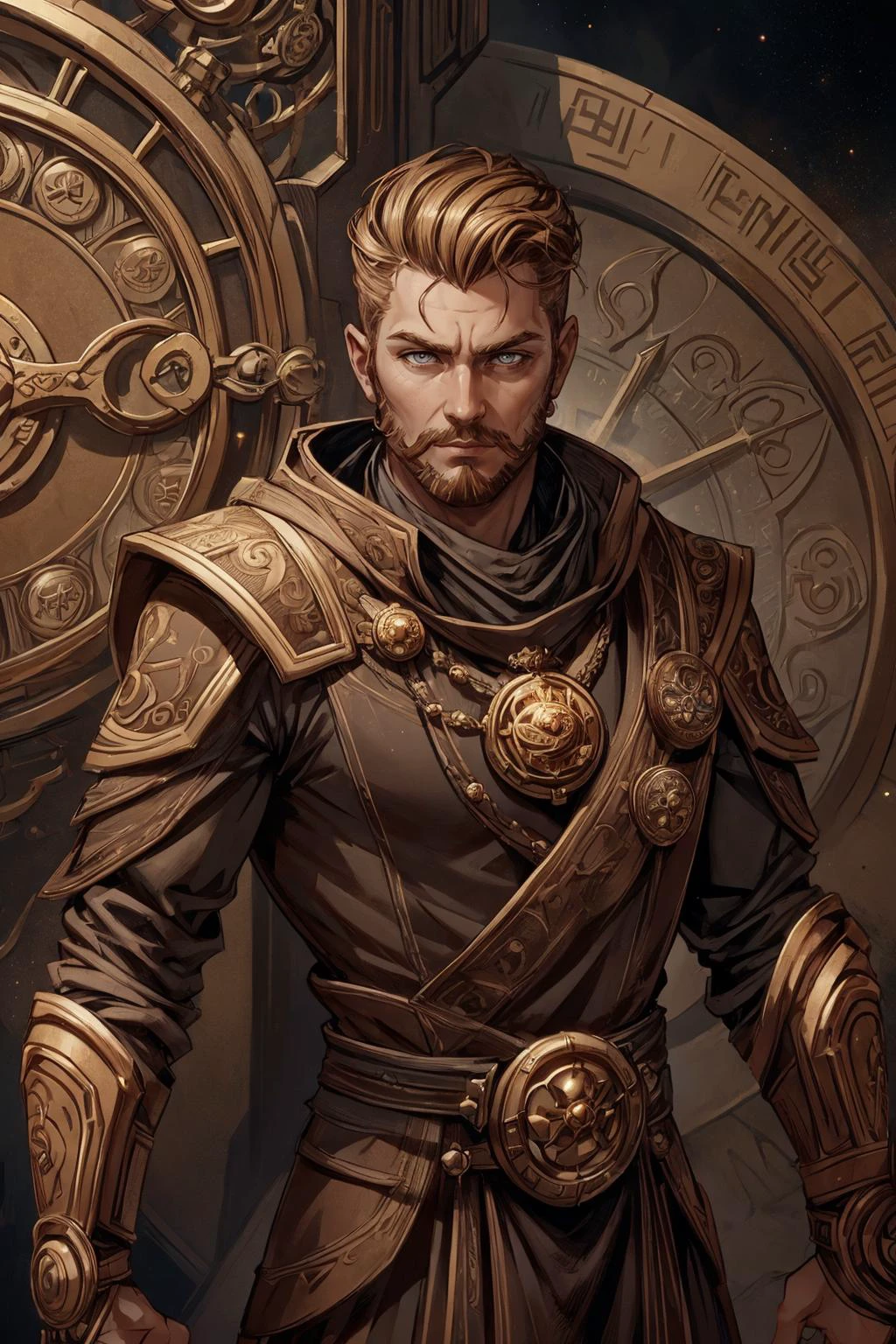 <lora:add_detail:0.5>, <lora:FZB_line_weights:0.4>, <lora:realistic:0.1>, <lora:sharpen-soften:-0.1>,
(1man, thin adult icelandic male:1.2), brown eyes, dark blonde hair, pompadour,
portrait, solo, half shot, looking up, detailed background, detailed face, (<lora:DwemerTech:0.7> dwemertech, ancient theme:1.1) (timeless wanderer:1.1), eternity, timeless, impossible space, circular patterns, clock, time magic, sands of time, energy, dynamic pose, clock-face in background, epic atmosphere,