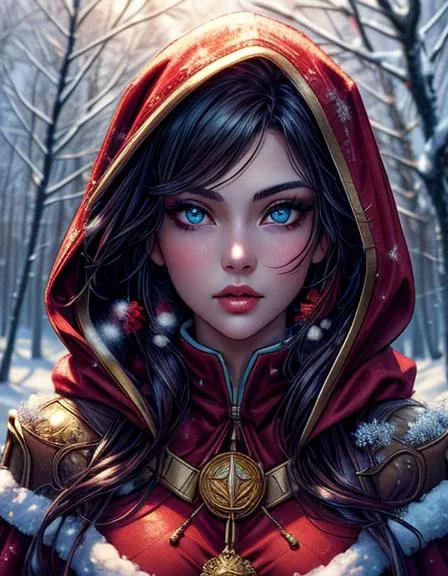 detailed-slider add_detail Beautiful woman with amber/liquid gold eyes looking out from under a red hood, huntress, stunning, enchanting full-body portrait of the most beautiful artwork in the world, red woolen cloak, standing (amidst the branches) of a tree in winter, mysterious forest, (masterpiece, highres, best quality), (perfect face), symmetrical eyes, detailed eyes, perfect eyes, perfect face, perfect nose, fantasy portrait, snow, mystical daring atmosphere, ultrarealistic, 8k, glowing eyes 