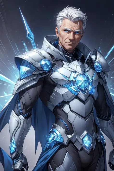 <lora:add_detail:0.5>, <lora:FZB_line_weights:0.4>, <lora:realistic:0.1>, <lora:sharpen-soften:-0.1>,
(1man, old male:1.2), frail, blue eyes, white hair, clean-shaven,
portrait, looking at viewer, solo, (full body:0.6), detailed background, close up, detailed face, futuristic glowing cobalt armor, thick armor, crystalline pattern, cape, gadgets, bionics, epic galactic spaceship in background, flashes of light, explosions, hologram, cinematic atmosphere,