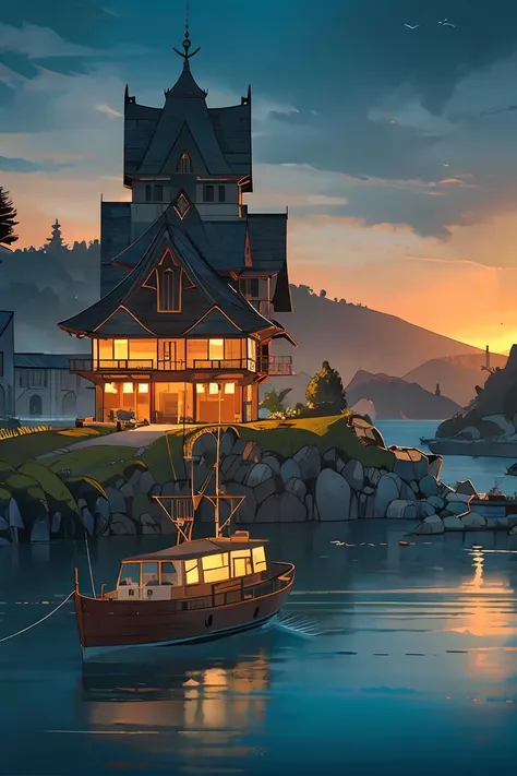 illustration,historic building,plan illustration,minimalism,((ink s...)),night scene,tree,no humans,checkmark,(architecture:0.9),scenery,cloud,water,sun,sky,watercraft,outdoors,waterfall,pagoda,boat,building,bridge,mountain,river,rich details,wooden boat,blue tone,exquisite lines,depth of field,lighting,sunrise,<lora:HY-000008:0.8>,