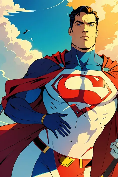 favre,Masterpiece,best quality,flat colors,illustration,2d,<lora:malikafavre-04:1>,old superman flying in the skies