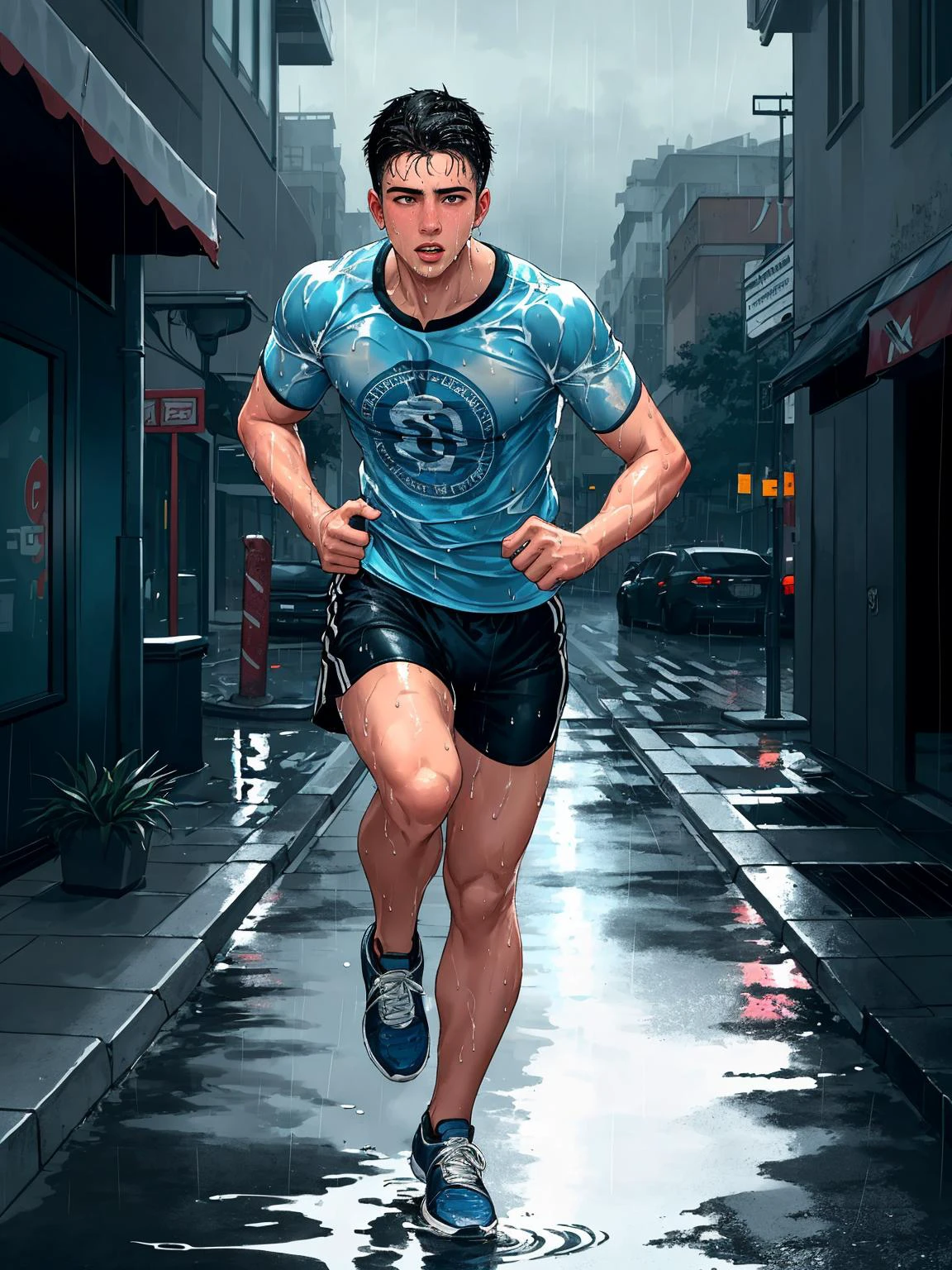 masterpiece, best quality, 1boy, athletic twunk, running on sidewalk, sport shorts, trainers, t-shirt, wet, wet clothes, rain, realistic, dramatic lighting, atmospheric, intricate detail, ((street background)),