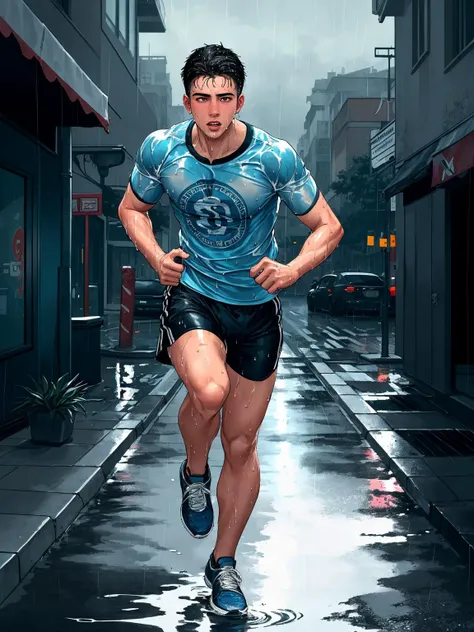 masterpiece, best quality, 1boy, athletic twunk, running on sidewalk, sport shorts, trainers, t-shirt, wet, wet clothes, rain, realistic, dramatic lighting, atmospheric, intricate detail, ((street background)),