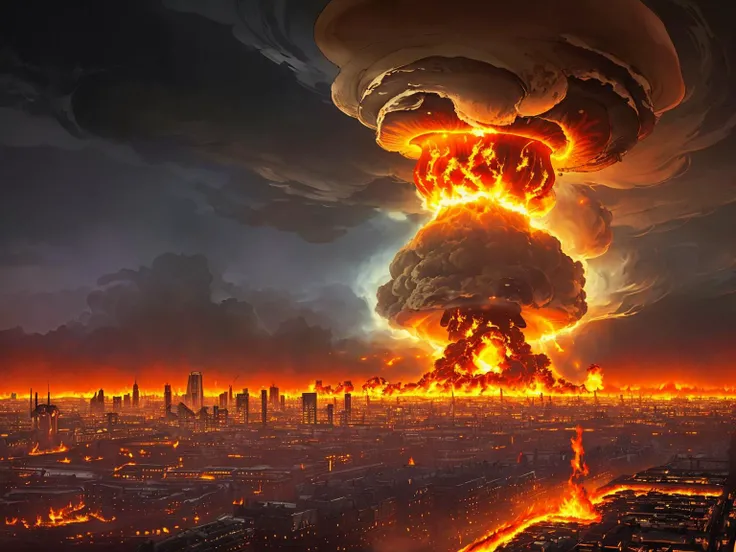 Cinematic, photograph, (atomic blast, mushroom cloud, fire burning, victorian London skyline, 1660:1.3) cataclysmic apocalyptic,