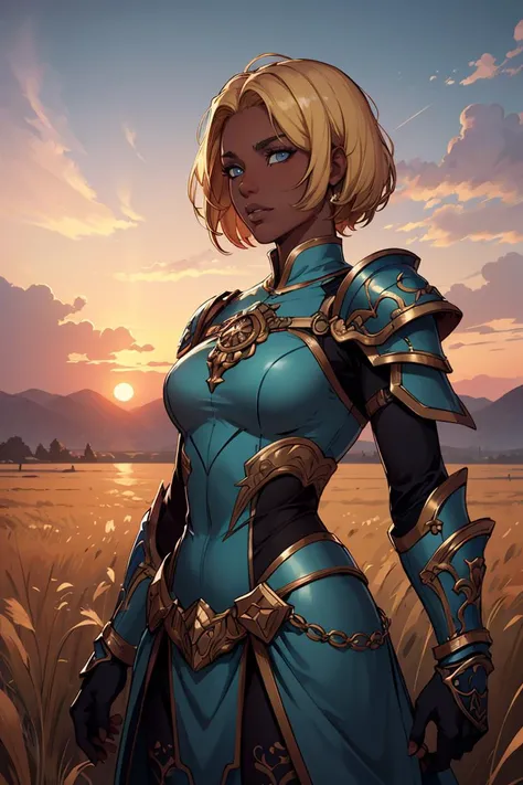 (masterpiece,best quality,absurdres,beautiful,aesthetic,detailed,cell shading),fantasy,1girl,dark skin,very short hair,undercut,blonde hair,solo focus,cowboy shot,wearing ornate armor,tabard,outside,field,sunset,gauntlets,