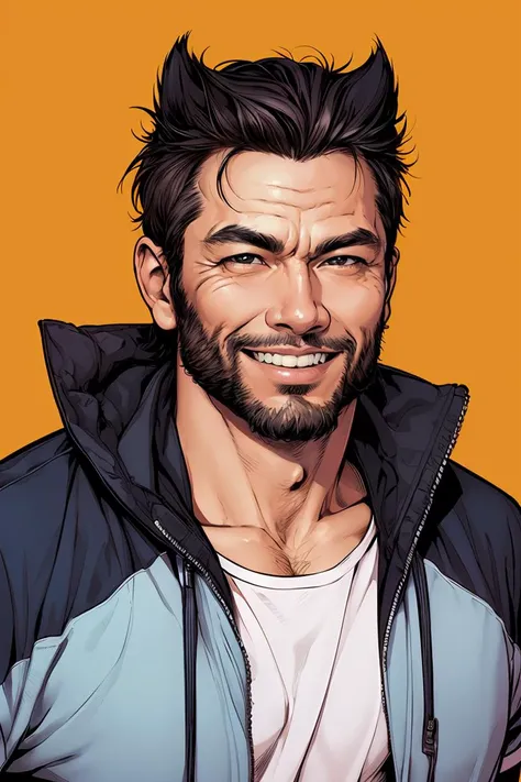 comic,portrait caricature,masterpiece, best quality,solo, solo, 1man, male focus, Wolverine,smile, bule background, simple background, <lora:portrait caricature:0.8>