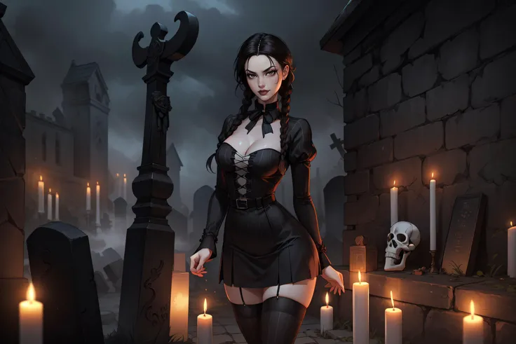 masterpiece, best quality, absurdres, 1girl, sexy, highly detailed, adult, woman, looking at viewer, deep ((dark brown eyes)), proportional eyes, realistic eyes, high cheekbones, wide jaw, serious, smirk, pale skin, gorgeous, attractive, 35 years old, skinny, black hair, long twin braids, messy hair, black and gray vertical striped tight dress, vertical striped thighhighs, (Wednesday Addams), dark gothic graveyard, fog, skeletons, coffins, candles, lanterns, dimly lit