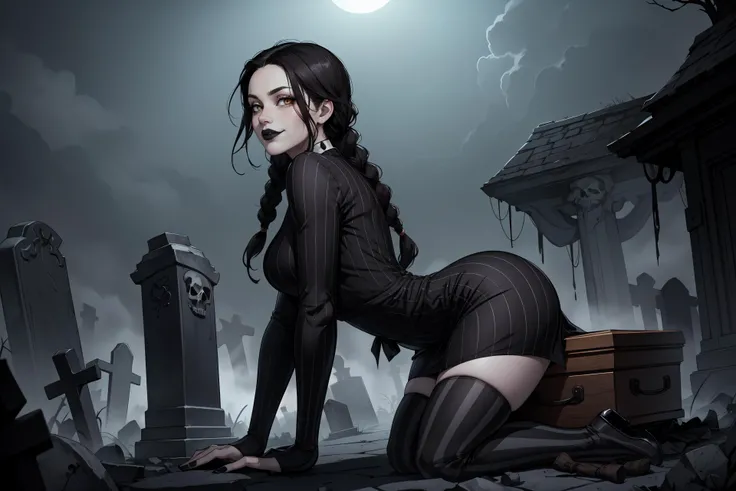 masterpiece, best quality, absurdres, 1girl, sexy, highly detailed, adult, woman, looking at viewer, from side, deep ((dark brown eyes)), proportional eyes, realistic eyes, high cheekbones, wide jaw, smirk, pale skin, gorgeous, attractive, 35 years old, skinny, black hair, long twin braids, messy hair, (black and gray ((equal vertical stripes)) tight dress), vertical stripes thighhighs, (Wednesday Addams), dark gothic graveyard, night, fog, skeletons, coffins, lanterns, dimly lit