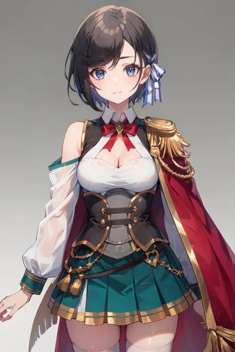 masterpiece, best quality, ultra-detailed, glistening shiny, glowing light, ray tracing, HDR, deph of field, (perfect face, detailed face), <lora:RafinhaBilford:0.8>, rafinha, short hair, white hair ribbon, white shirt, corset, green skirt, cleavage cutout, shoulder cutout, long sleeves, red cape, epaulettes, red bowtie, white thighhighs, standing