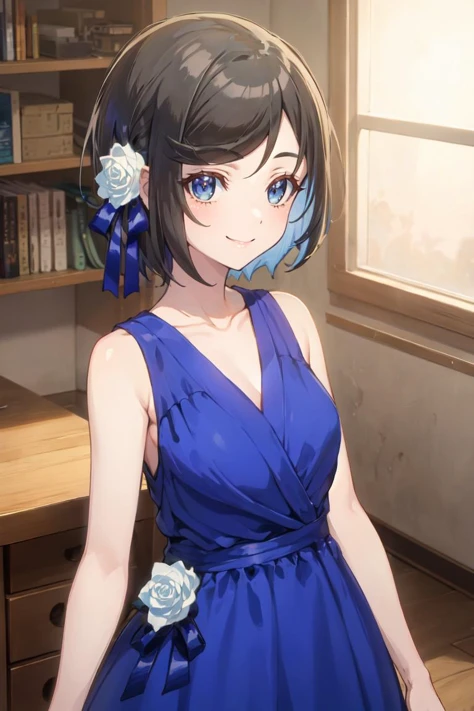 masterpiece, best quality, ultra-detailed, glistening shiny, glowing light, ray tracing, HDR, deph of field, (perfect face, detailed face), <lora:RafinhaBilford:0.8>, rafinha, short hair, small breasts, smile, flower hair ornament, blue hair ribbon, blue dress, long skirt, white flowers, sleeveless, collarbone, bare shoulders, standing, indoors