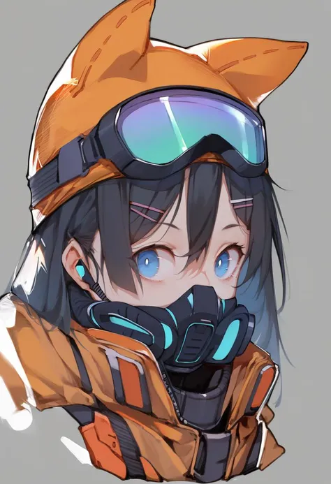 score_9, score_8_up, score_7_up, score_6_up, <lora:solaXLP6_lokr_V4236:0.95> 1girl, solo, blue eyes, goggles, mask, hair ornament, hairclip, black hair, long hair, looking at viewer, simple background, portrait, grey background, signature, hat, hair between eyes, goggles on headwear, orange headwear, respirator, animal ears, tsukino mito, goggles on head, fake animal ears, white background