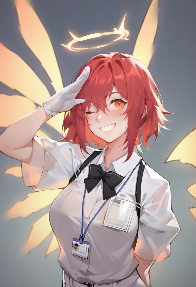 1girl,
exusiai \(arknights\),
solo, red hair, halo, one eye closed, gloves, short hair, white gloves tie, smile, looking at viewer, orange eyes, black bow, gradient, see-through, gradient background, black bowtie, shirt, upper body, white shirt, white jacket, wings, grin, short sleeves, energy wings, see-through sleeves, grey background, formal, simple background, hair between eyes, alternate costume, bangs, two-finger salute, collared shirt, glowing, hair over one eye, medium breasts, hand up, pants, id card, salute, blush, white pants, breasts, grey halo, bow, glowing wings, bowtie, suit, high collar, jacket,
score_9, score_8_up, score_7_up, score_6_up
<lora:solaXLP6_lokr_V4236:0.95>