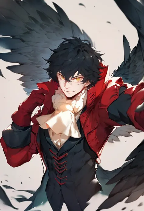 score_9, score_8_up, score_7_up, score_6_up, <lora:solaXLP6_lokr_V4236:0.95> 1boy, amamiya ren, male focus, black hair, gloves, solo, wings, red gloves, smile, looking at viewer, black wings, ascot, yellow eyes, jacket, hair between eyes, feathered wings, long sleeves