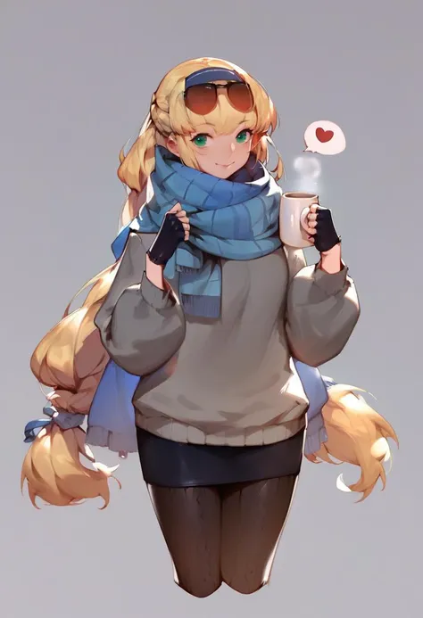 score_9, score_8_up, score_7_up, score_6_up, <lora:solaXLP6_lokr_V4236:0.95> 1girl, long hair, solo, blonde hair, scarf, cup, eyewear on head, gloves, heart, pantyhose, green eyes, fingerless gloves, spoken heart, skirt, sweater, mug, blue scarf, sunglasses, holding, smile, looking at viewer, very long hair, low-tied long hair, holding cup, alternate costume, cropped legs, black gloves, hairband, braid, black skirt, simple background, coffee mug, grey sweater, closed mouth, black pantyhose, grey background, long sleeves