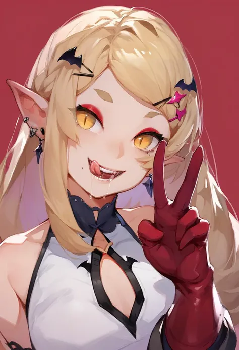 1girl,
bat hair ornament, solo, gloves, tongue out, yellow eyes, tongue, long hair, blonde hair, red background, earrings, looking at viewer, hair ornament, jewelry, eyeshadow, red gloves, virtual youtuber, simple background, sleeveless, signature, portrait, smile, makeup, bangs, red eyeshadow, bare shoulders, parted bangs, upper body, mole, hand up, saliva, v, sidelocks, licking lips, mole under eye, head tilt, thick eyebrows, cunnilingus gesture, hairclip, eyeshadow under eye, open mouth, sanpaku, blunt bangs, demon girl, pointy ears, artist name, teeth, slit pupils, glove cutout,
score_9, score_8_up, score_7_up, score_6_up
<lora:solaXLP6_lokr_V4236:0.95>