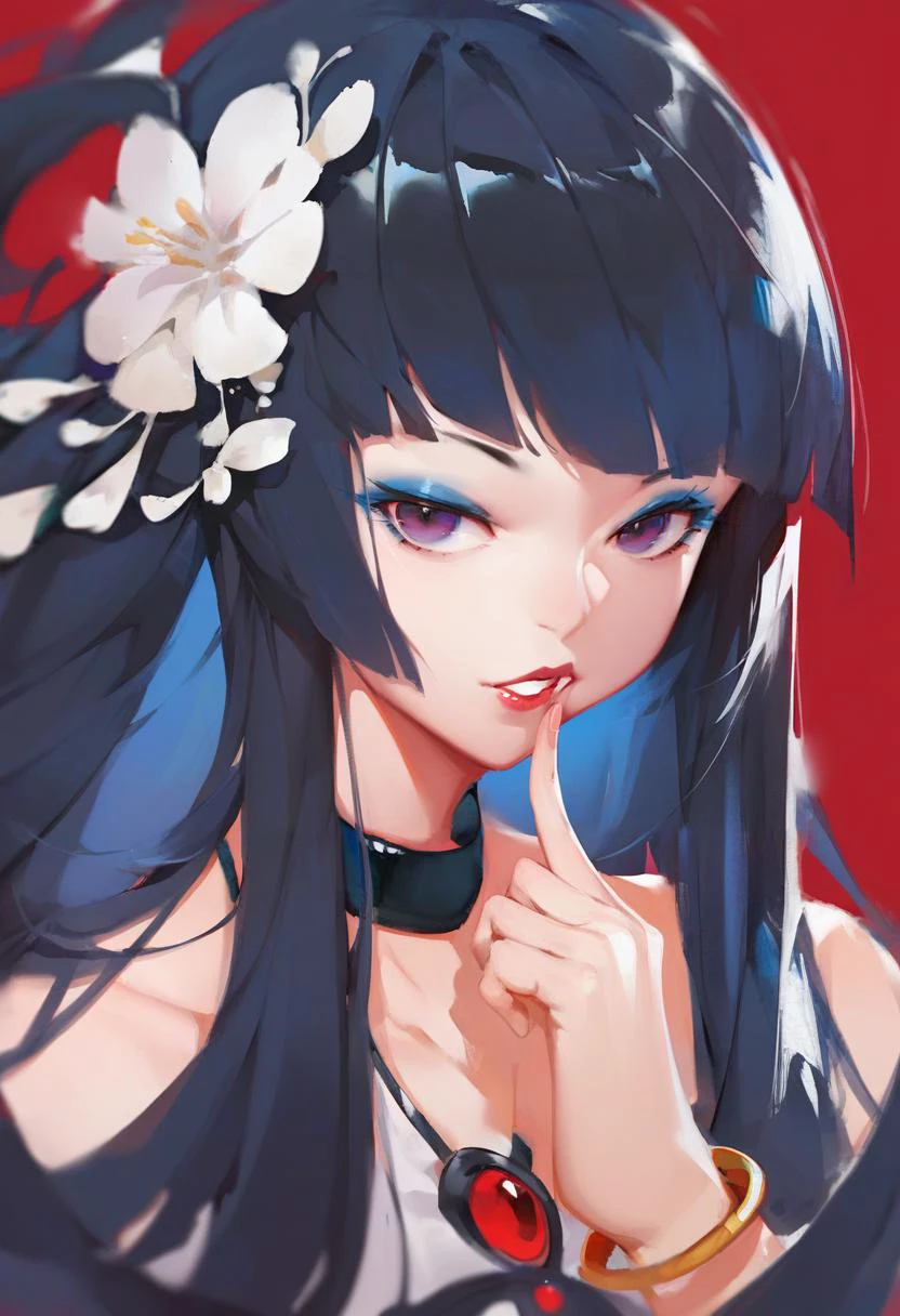 1girl,
solo, red background, flower, long hair, hair flower, hair ornament, jewelry, bangs, white flower, black hair, looking at viewer, upper body, bracelet, blunt bangs, multicolored eyes, finger to mouth, teeth, hand up, makeup, simple background, blue hair, red eyes, multicolored hair, choker, necklace, collarbone, clenched teeth, eyeshadow, finger in own mouth, parted lips, purple eyes, expressionless, bare shoulders, black eyes, red lips, chibi, very long hair, grey background, blue eyeshadow, lips, straight hair, two-tone hair, lipstick, sleeveless, half-closed eye, blue eyes, straight-on, waking up,
score_9, score_8_up, score_7_up, score_6_up
<lora:solaXLP6_lokr_V4236:0.95>