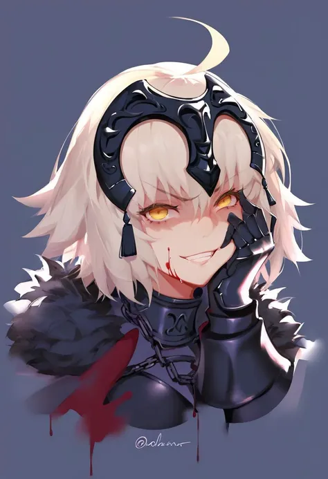 1girl,
jeanne d'arc alter \(fate\), jeanne d'arc alter \(avenger\) \(fate\),
yellow eyes, solo, teeth, blood, headpiece, blood on face, chain, looking at viewer, armor, clenched teeth, blue background, simple background, grey hair, fur trim, bangs, short hair, portrait, gesugao, twitter username, headgear, hand on own cheek, armored dress, hair between eyes, eyebrows hidden by hair, ahoge, from side, signature, v-shaped eyebrows, artist name, eyebrows, half-closed eyes, shaded face, long eyelashes, looking down, furrowed brow, long sleeves, cloak, nose, fur collar, smile, eyelashes, hand on own face, gauntlets, breasts, blood splatter, parted lips, blonde hair, upper body,
score_9, score_8_up, score_7_up, score_6_up
<lora:solaXLP6_lokr_V4236:0.95>