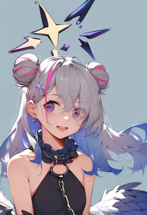1girl,
amane kanata,
solo, gloves, purple eyes, blue background, virtual youtuber, wings, black gloves, hair bun, long hair, multicolored hair, looking at viewer, grey hair, hair between eyes, simple background, streaked hair, black dress, o-ring, bare shoulders, bangs, dress, hair ornament, open mouth, double bun, smile, upper body, jewelry, halo, blue hair, earrings, feathered wings, collar, sleeveless, sleeveless dress, hairclip, pink hair, chain, crossed bangs, frills, hair over one eye, official alternate costume, high collar, frilled collar, star halo, black collar, blue theme, star \(symbol\), eyes visible through hair, star hair ornament,
score_9, score_8_up, score_7_up, score_6_up
<lora:solaXLP6_lokr_V4236:0.95>