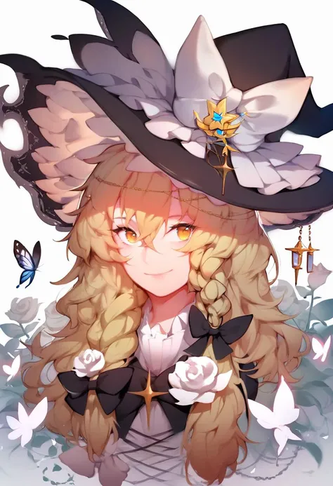 score_9, score_8_up, score_7_up, score_6_up, <lora:solaXLP6_lokr_V4236:0.95> 1girl, kirisame marisa, solo, hat, blonde hair, smile, witch hat, braid, bow, yellow eyes, long hair, looking at viewer, hat bow, white background, black headwear, white bow, hair between eyes, flower, simple background, hair bow, bug, closed mouth, single braid, white rose, butterfly, portrait, rose, white flower, ribbon, black bow, side braid, star \(symbol\), jewelry, upper body, hair ornament, white shirt, artist name