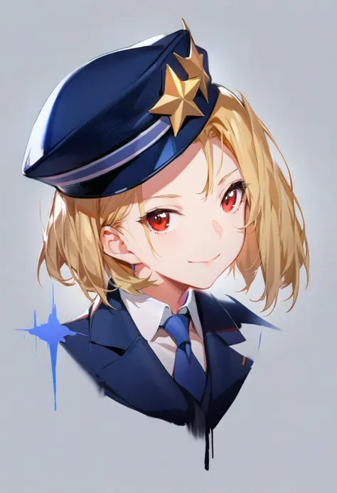 masterpiece, best quality, <lora:solaXLANI31_lokr_V4304:0.95> 1girl, solo, blonde hair, hat, red eyes, looking at viewer, smile, portrait, necktie, short hair, closed mouth, star \(symbol\), blue headwear, collared shirt, simple background, shirt, grey background, blue necktie, white shirt