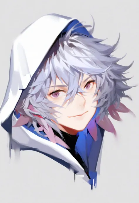 masterpiece, best quality, <lora:solaXLANI31_lokr_V4304:0.95> merlin \(fate\), 1boy, male focus, solo, purple eyes, portrait, looking at viewer, white background, hair between eyes, simple background, smile, hood, bishounen, white hair, closed mouth, hood up, long hair, cropped shoulders