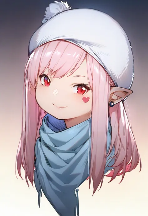 masterpiece, best quality, <lora:solaXLANI31_lokr_V4304:0.95> 1girl, lalafell, solo, pointy ears, hat, heart, warrior of light \(ff14\), smile, jewelry, pink hair, looking at viewer, blue scarf, red eyes, white headwear, earrings, portrait, closed mouth, long hair, scarf, facial mark, gradient background