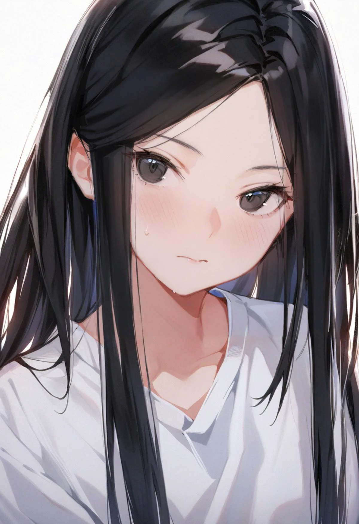 masterpiece, best quality, <lora:solaXLANI31_lokr_V4304:0.95> 1girl, solo, long hair, white background, black hair, simple background, black eyes, closed mouth, upper body, parted bangs, looking at viewer, shirt, white shirt, portrait, looking to the side, blush