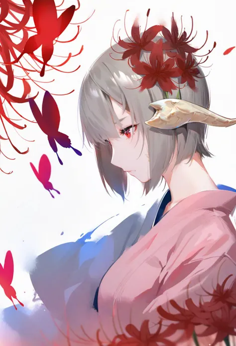 masterpiece, best quality, <lora:solaXLANI31_lokr_V4304:0.95> 1girl, solo, flower, hair ornament, hair flower, au ra, horns, short hair, white background, bug, dragon horns, profile, from side, red eyes, spider lily, butterfly, red flower, simple background, japanese clothes, white horns, warrior of light \(ff14\), kimono, grey hair, closed mouth, scales, looking down, upper body, dragon girl, portrait