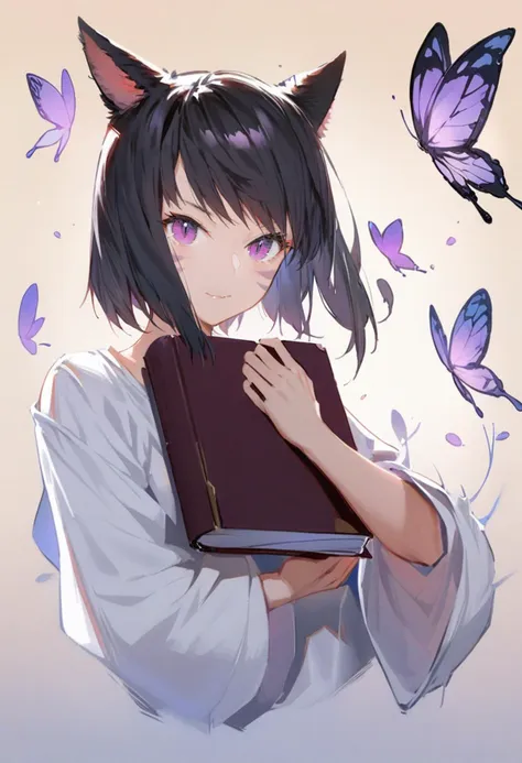 masterpiece, best quality, <lora:solaXLANI31_lokr_V4304:0.95> 1girl, solo, animal ears, miqo'te, warrior of light \(ff14\), black hair, cat ears, slit pupils, butterfly, holding, upper body, bug, short hair, purple eyes, looking at viewer, long sleeves, book, holding book, gradient background, wide sleeves, facial mark, white shirt, cropped torso, pink eyes, shirt