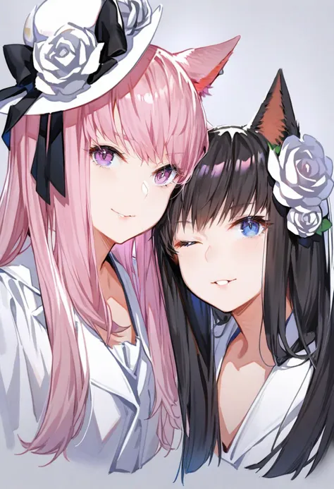 masterpiece, best quality, <lora:solaXLANI31_lokr_V4304:0.95> multiple girls, 2girls, animal ears, one eye closed, pink hair, black hair, hat, flower, smile, miqo'te, cat ears, portrait, rose, long hair, looking at viewer, white background, simple background, purple eyes, white flower, white rose, white headwear, hair flower, hair ornament, mini hat, pink eyes, parted lips, hat flower, warrior of light \(ff14\), ;\), black bow, grey background, closed mouth, blue eyes