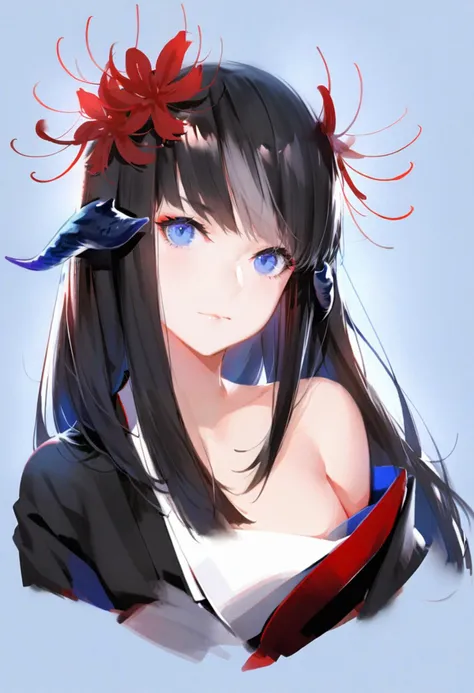 masterpiece, best quality, <lora:solaXLANI31_lokr_V4304:0.95> 1girl, solo, long hair, blue eyes, flower, horns, au ra, black hair, hair flower, hair ornament, dragon horns, warrior of light \(ff14\), looking at viewer, hyur, bare shoulders, off shoulder, red flower, japanese clothes, black kimono, kimono, upper body, spider lily, dragon girl, simple background, portrait, white background, straight hair, cropped torso, closed mouth, blue background, black horns