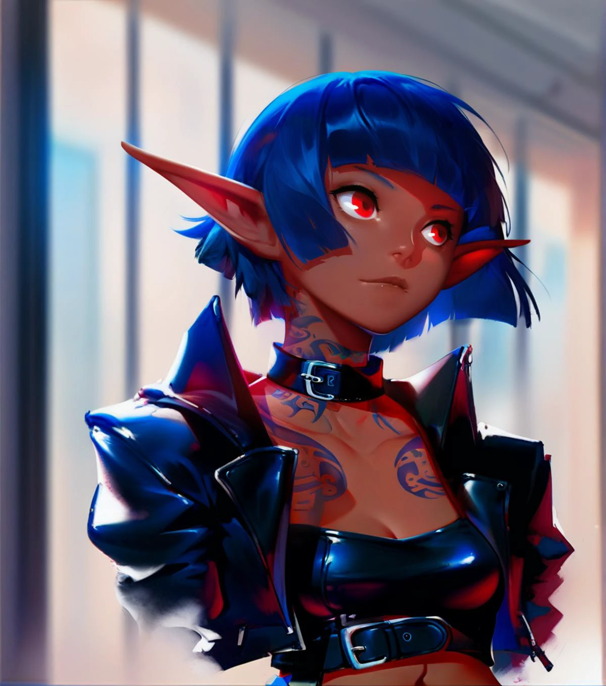 score_9_up, score_8_up, score_7_up, <lora:Pony_QualityV4.0:1.75>, portrait, headshot, 1girl, (dark elf), dark blue hair, short hair, (blunt bangs), red eyes, (dark skin), medium breasts, (glowing tattoos), leather jacket, open jacket, black shirt, choker, collarbone, navel, belt, black leather pants, leather boots
, indoors, at an entryway, <lora:solaXLP6:1>