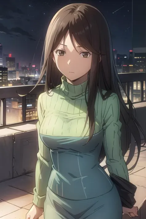 namieyagiri, <lora:namie yagiri s1-lora-nochekaiser:1>,
namie yagiri, long hair, black hair, (brown eyes:1.3), (swept bangs:1.5),
BREAK sweater, turtleneck, green sweater,
BREAK outdoors, city, night, sky, starry sky, moon,
BREAK looking at viewer, (cowboy shot:1.5),
BREAK <lyco:GoodHands-beta2:1>, (masterpiece:1.2), best quality, high resolution, unity 8k wallpaper, (illustration:0.8), (beautiful detailed eyes:1.6), extremely detailed face, perfect lighting, extremely detailed CG, (perfect hands, perfect anatomy),