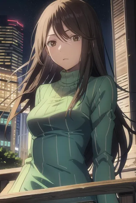 namieyagiri, <lora:namie yagiri s1-lora-nochekaiser:1>,
namie yagiri, long hair, black hair, (brown eyes:1.3), (swept bangs:1.5),
BREAK sweater, turtleneck, green sweater,
BREAK outdoors, city, night, sky, starry sky, moon,
BREAK looking at viewer, (cowboy shot:1.5),
BREAK <lyco:GoodHands-beta2:1>, (masterpiece:1.2), best quality, high resolution, unity 8k wallpaper, (illustration:0.8), (beautiful detailed eyes:1.6), extremely detailed face, perfect lighting, extremely detailed CG, (perfect hands, perfect anatomy),