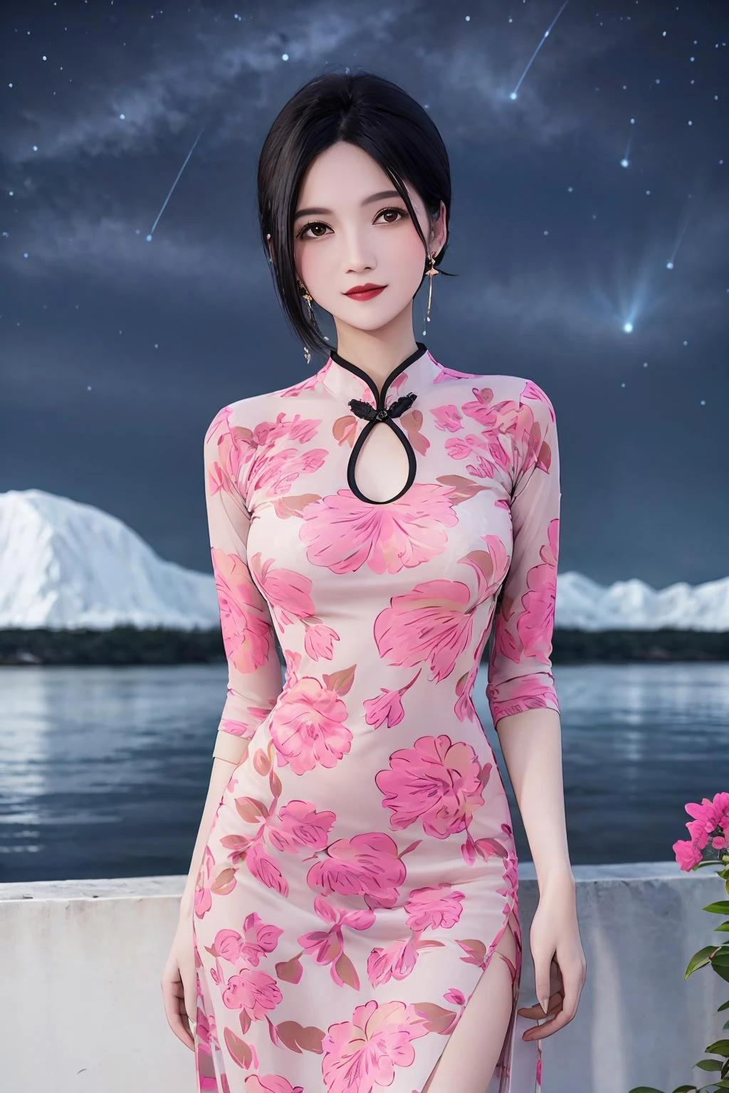 high quality,masterpiece,HD,A woman in a pink dress poses for a photo with flowers in the background,<lora:cheongsam_lbc:0.6>,beautiful detailed glow,(detailed ice),beautiful detailed water,floating and rainbow long hair,Iridescence and rainbow,beautiful detailed starry sky,