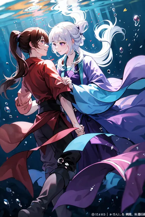 masterpiece, best quality, PIXIV,
fenglingyuxiu, underwater, long hair, ponytail, white hair, bubble, smile, 1girl, purple eyes, air bubble, 1boy, holding hands, looking at another, brown hair, black hair
<lora:fenglingyuxiu-000014:0.8>