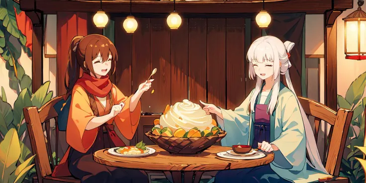 masterpiece, best quality, PIXIV,
fenglingyuxiu, closed eyes, long hair, bowl, sitting, scarf, ponytail, white hair, 2girls, brown eyes, food, smile, open mouth, black hair, table, brown hair, leaf, bangs, basket
<lora:fenglingyuxiu-000014:0.8>