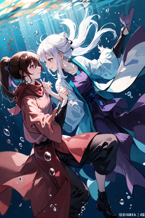 masterpiece, best quality, PIXIV,
fenglingyuxiu, underwater, long hair, ponytail, white hair, bubble, smile, 1girl, purple eyes, air bubble, 1boy, holding hands, looking at another, brown hair, black hair
<lora:fenglingyuxiu-000014:0.8>