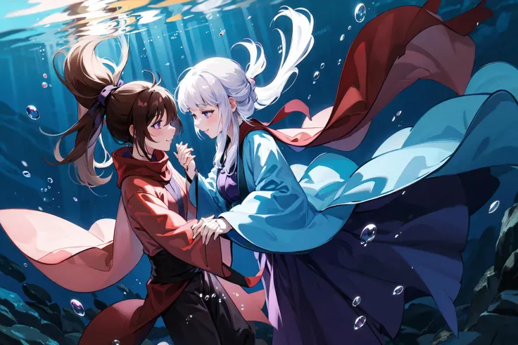 masterpiece, best quality, PIXIV,
fenglingyuxiu, underwater, long hair, ponytail, white hair, bubble, smile, 1girl, purple eyes, air bubble, 1boy, holding hands, looking at another, brown hair, black hair
<lora:fenglingyuxiu-000014:0.8>