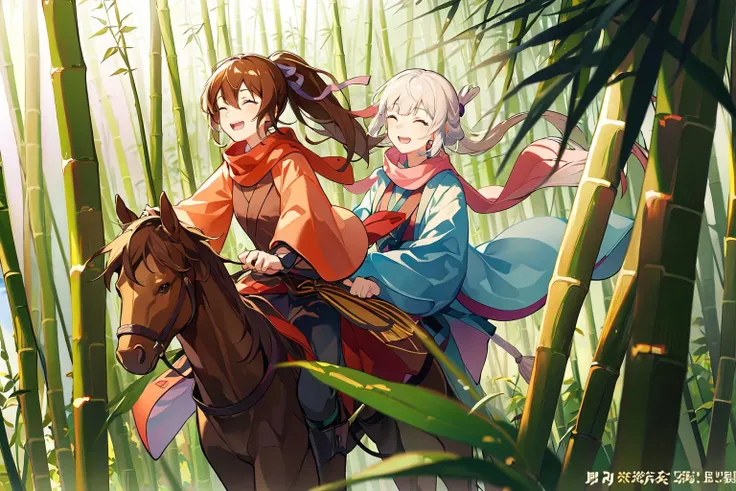 masterpiece, best quality, PIXIV,
fenglingyuxiu, riding, multiple girls, 2girls, brown hair, nature, closed eyes, horse, forest, ponytail, horseback riding, bamboo, white hair, smile, open mouth, long hair, bamboo forest, scarf, hair ribbon, ribbon
<lora:fenglingyuxiu-000014:0.8>